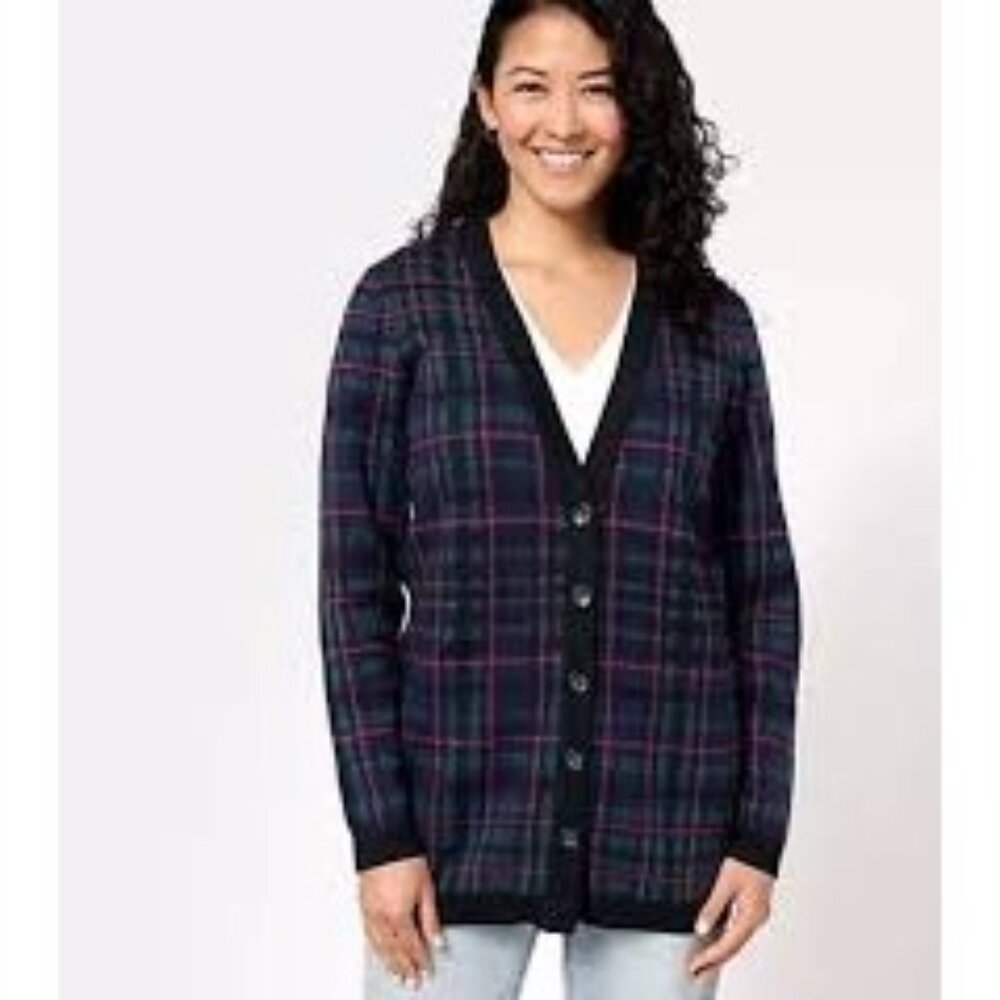 NWT Isaac Mizrahi Live Womens Plus Size 5X Plaid Button-Up Cardigan Sweater NEW